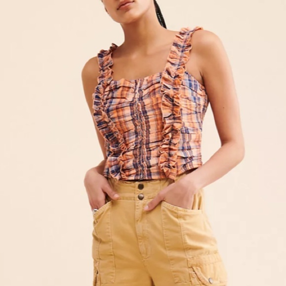 VERB Pallavi Singhee Anthropologie Orange Plaid Ruched Cropped Summer Tank L